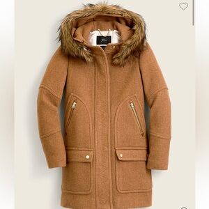 J Crew Tan Wool Coat with Faux Fur Hood